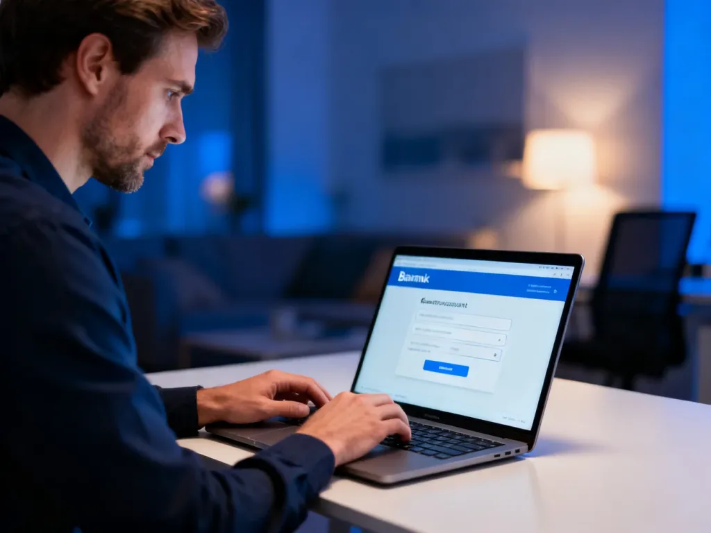 Mężczyzna przy biurku loguje się na laptopie do bankowości internetowej w domowym biurze.