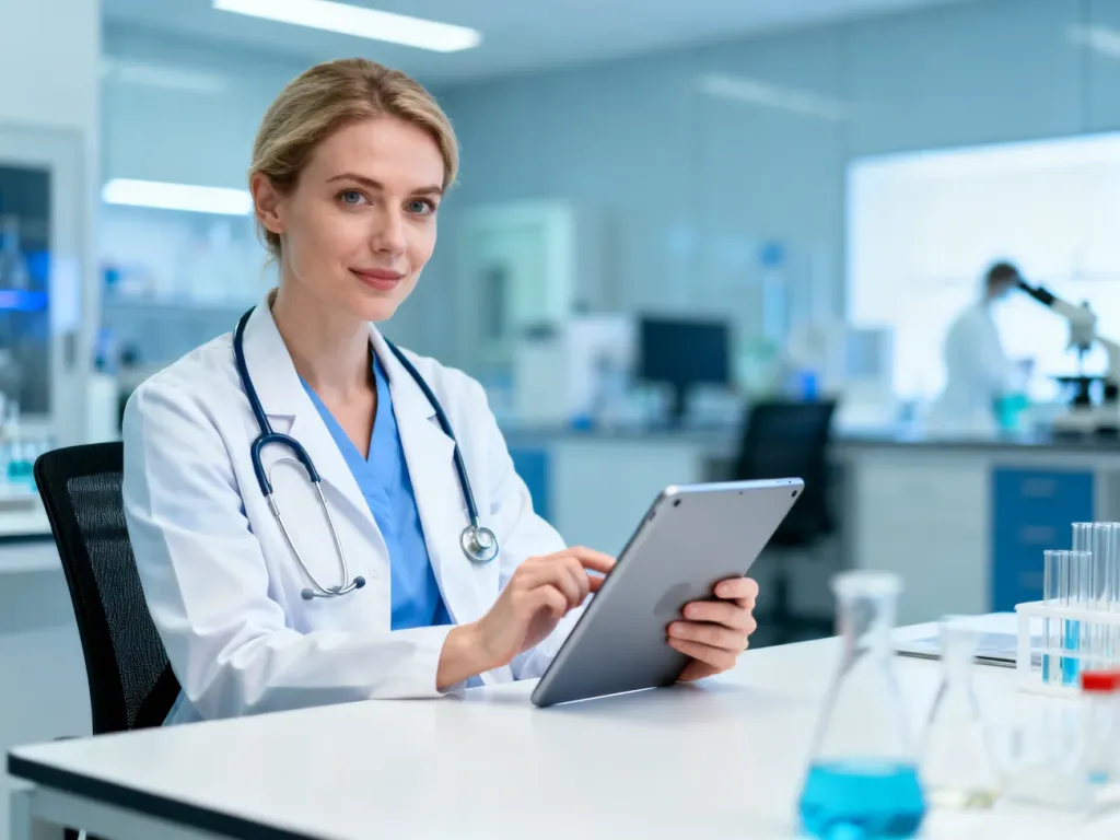 Lekarka z tabletem w nowoczesnym gabinecie medycznym, symbolizująca profesjonalną opiekę i diagnostykę w leczeniu AML.