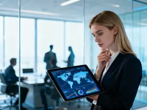 Mężczyzna sprawdza informacje o awarii prądu na ekranie smartfona w słabo oświetlonym pomieszczeniu.