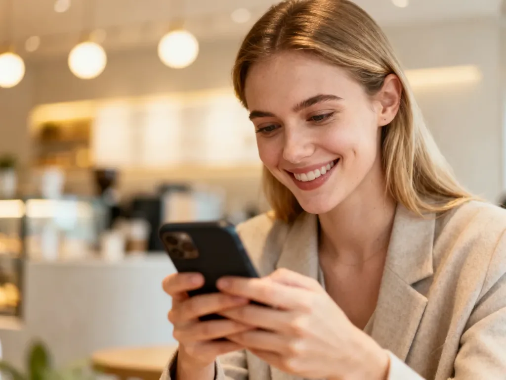 Młoda kobieta z uśmiechem przegląda telefon w kawiarni, co ilustruje swobodną komunikację w mediach społecznościowych.