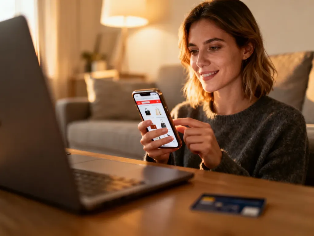 Kobieta przeglądająca ofertę sklepu internetowego na smartfonie, z kartą płatniczą i laptopem w tle.