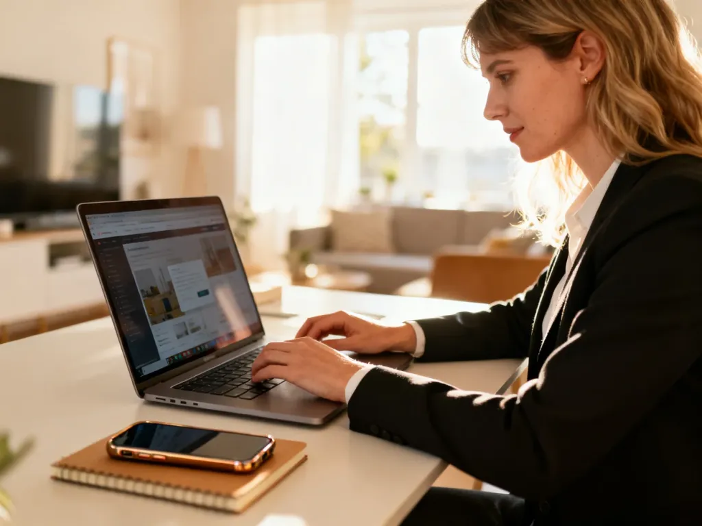 Konsultantka Avon pracująca przy laptopie w nowoczesnym domowym biurze, zarządzająca sprzedażą online.