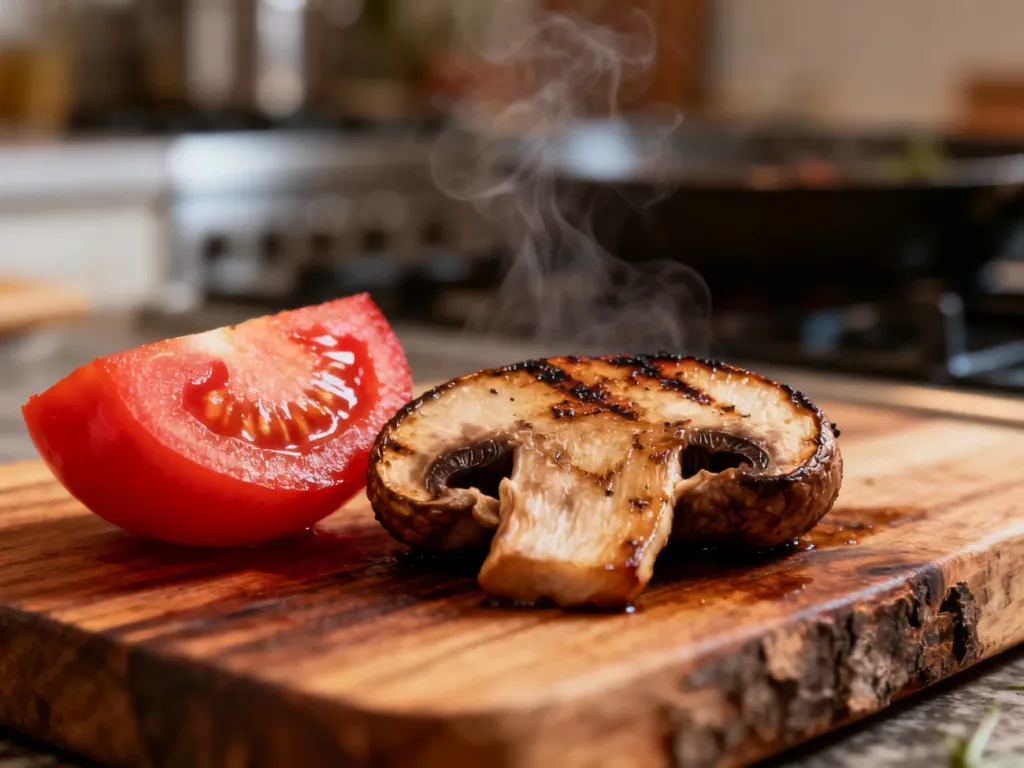 Zbliżenie na grzyba shiitake i dojrzałego pomidora na drewnianej desce, podkreślające naturalne źródła smaku umami.