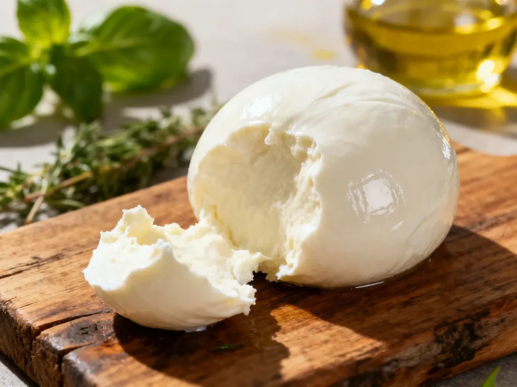 Świeża kulka sera Fior di latte na drewnianej desce z widocznym kremowym wnętrzem, bazylią i oliwą.