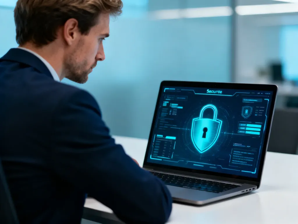 Mężczyzna przy laptopie z bezpiecznym interfejsem cyfrowym, symbolizujący ochronę danych i cyberbezpieczeństwo.