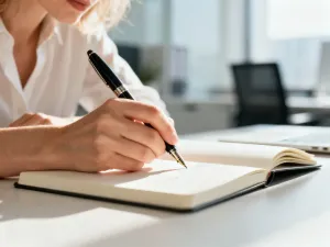 Zaskoczona kobieta patrząca na ekran smartfona w otoczeniu cyfrowego szumu, symbolizująca szokujące treści typu clickbait.