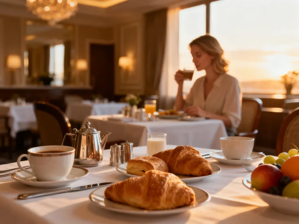 Elegancko nakryty stół śniadaniowy w hotelowej restauracji, zachęcający do skorzystania z oferty wyżywienia typu half board.