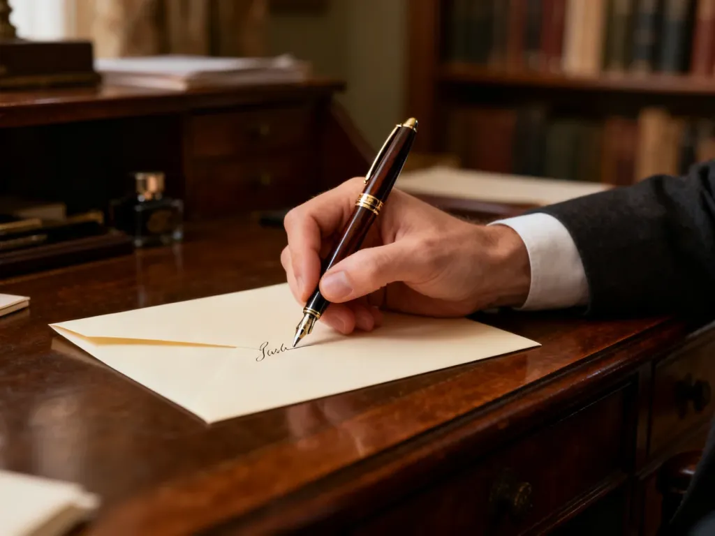Dłoń trzymająca pióro wieczne podczas pisania na eleganckim papierze, podkreślająca tradycyjny charakter korespondencji.