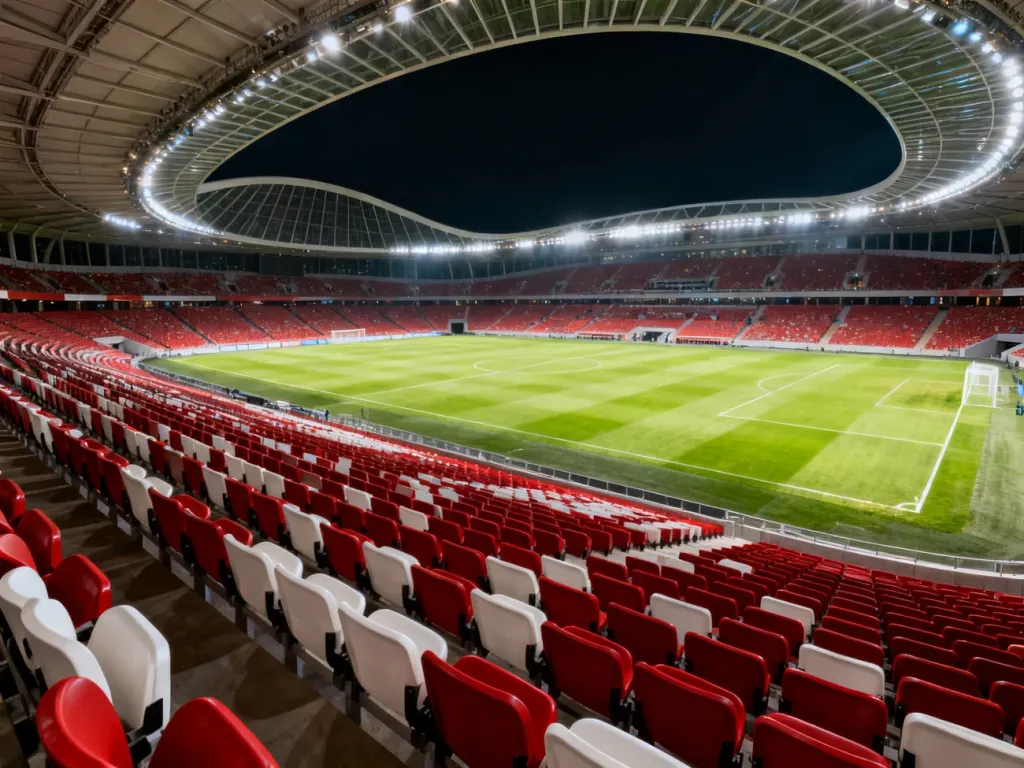 Oświetlona murawa i puste trybuny Stadionu Narodowego w barwach biało-czerwonych nocą.