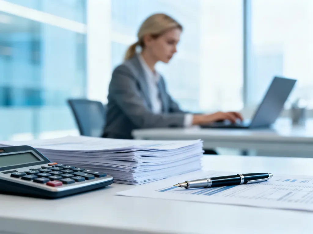 Profesjonalne biurko z dokumentami finansowymi i kalkulatorem, w tle pracownica biurowa przy laptopie.