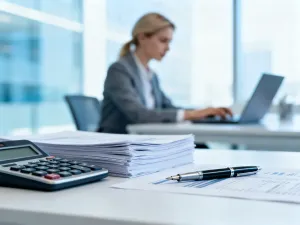 Kobieta przy biurku z piórem w dłoni, zamyślona nad pustym notatnikiem w przytulnym domowym biurze.