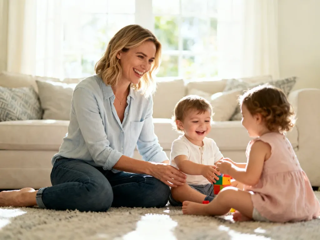 Au pair bawiąca się z dziećmi w przytulnym salonie, budująca ciepłą i pełną zaufania relację z podopiecznymi.