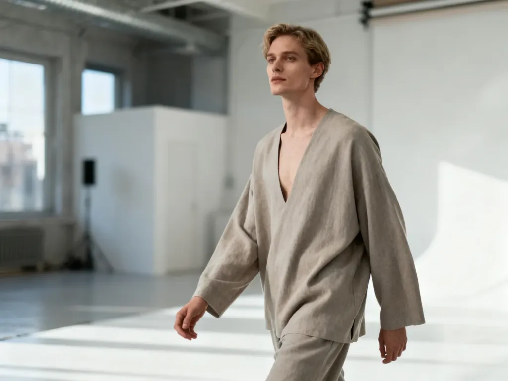 Osoba w minimalistycznym, oversizowym ubraniu w neutralnych odcieniach, prezentująca nowoczesną modę unisex w studiu.