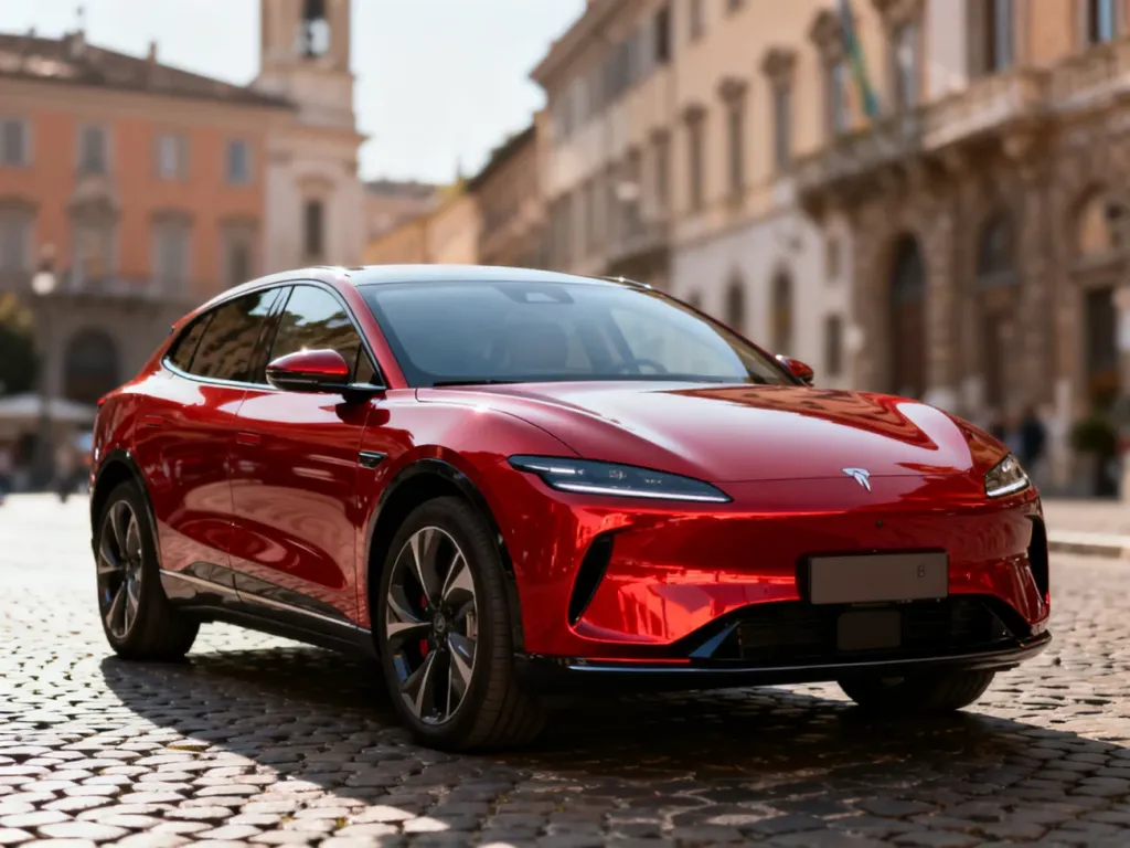 Nowoczesny, czerwony elektryczny SUV marki MG zaparkowany na brukowanej ulicy w historycznym europejskim mieście.