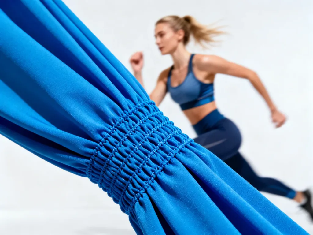 Zbliżenie na strukturę niebieskiego materiału spandex oraz kobieta w stroju sportowym trenująca w tle.