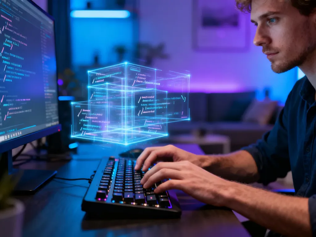 Programista w skupieniu pisze kod na klawiaturze, nad którą unosi się holograficzna struktura danych.