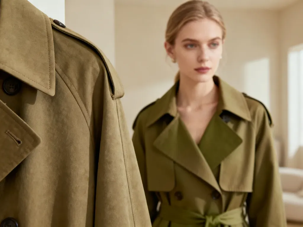 Stylowa kobieta w eleganckim trenczu w kolorze khaki na tle minimalistycznego wnętrza w odcieniach beżu i oliwki.
