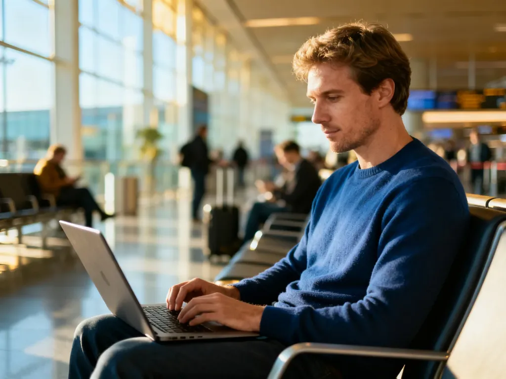Mężczyzna korzystający z laptopa w nowoczesnej hali odlotów, łączący się z publiczną siecią Wi-Fi.