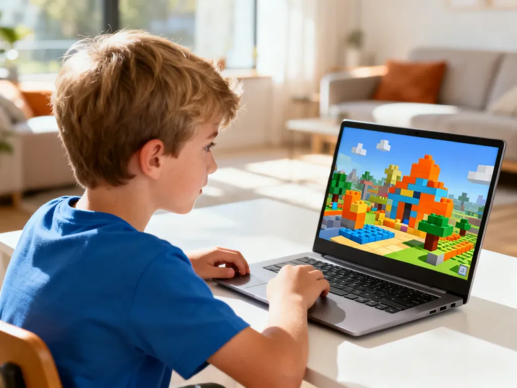 Chłopiec skupiony na grze w Roblox na laptopie w jasnym, przytulnym salonie.