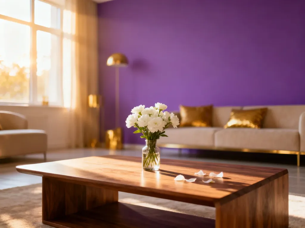 Nowoczesny salon z fioletową ścianą, drewnianym stolikiem kawowym i eleganckimi dodatkami w odcieniach beżu oraz złota.