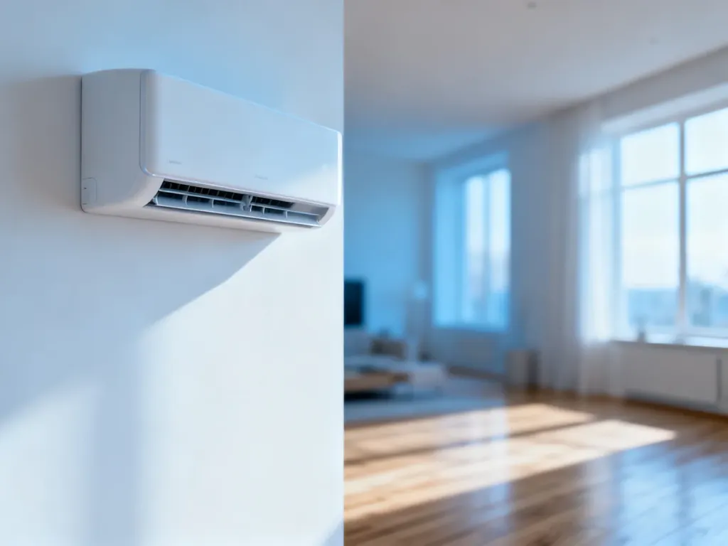 Nowoczesny klimatyzator ścienny w minimalistycznym salonie, zapewniający komfortową temperaturę w przestronnym wnętrzu.