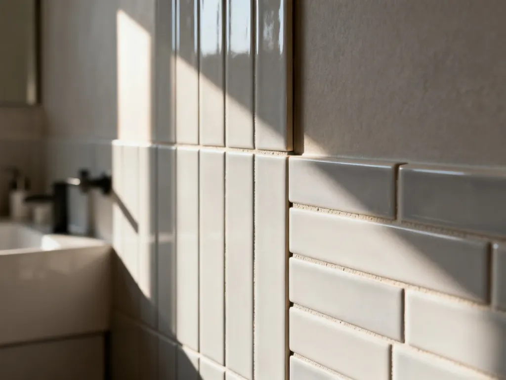 Porównanie ułożenia płytek ceramicznych w łazience – zestawienie wzoru pionowego i poziomego na jednej ścianie.